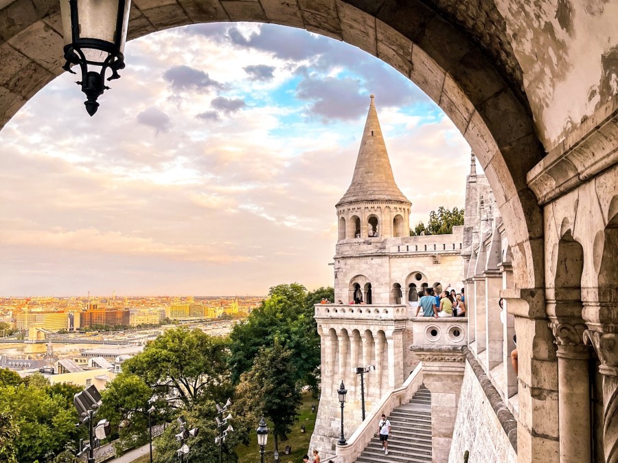 View of the Fisherman's Bastion in Budapest at sunset.