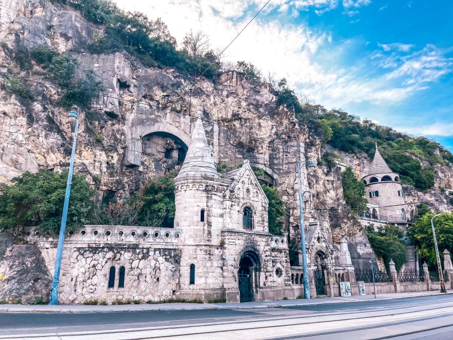 The exterior of the Budapest cave church, showing the neo-Gothic design of the outer monastery.